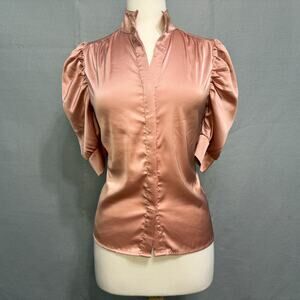 WHY Dress Womens Pink Satin Top Size S Puff Sleeve Feminine Button Timeless Luxe